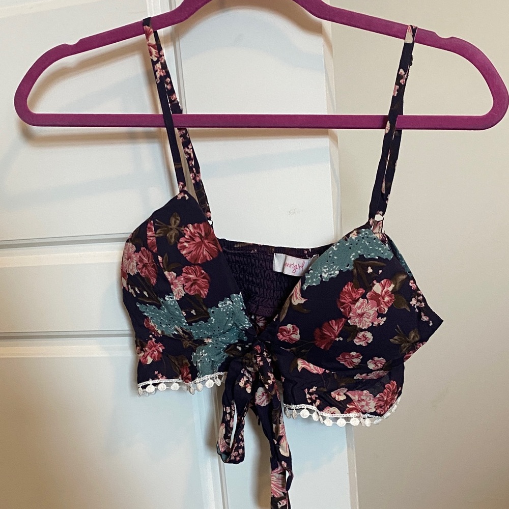 Floral Tie-Front Crop Top with Lace Trim - Navy